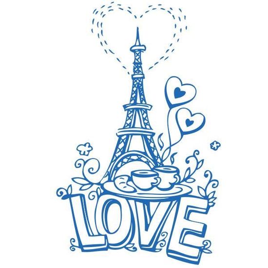 Sticker Paris Tour Eiffel De L Amour Dessin 70x44 Cm Bleu