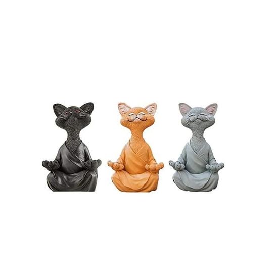 Lot de 3 statues de chat méditant Bouddha heureux en forme de chat