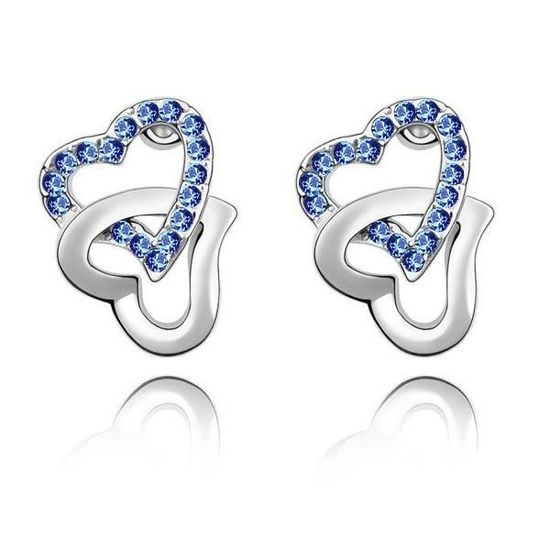Boucles D'oreilles Dormeuses 3 Cœurs Zirconium Bleu Plaqué Or - Neuf Avec étiquettes