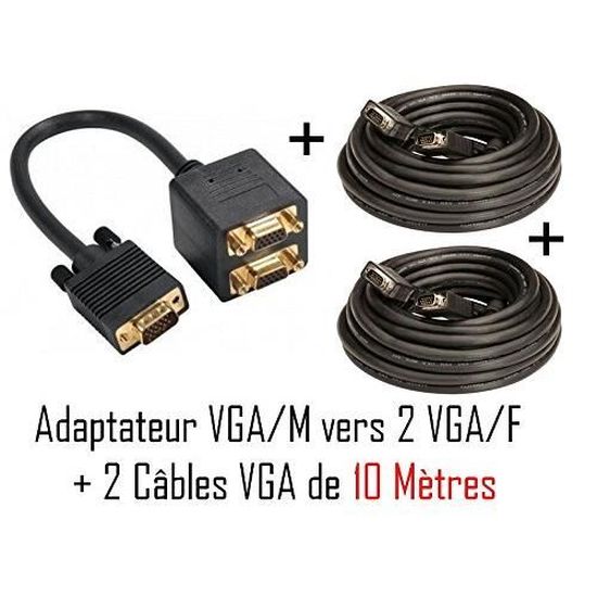 Câble Répartiteur VGA 1 Mâle Vers 2 Femelles - 15 Cm - Pour Duplication D'Écran