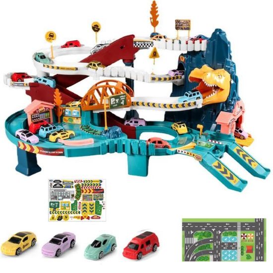 Circuit Voiture Enfant 390 Cm Flexible - Piste Enroulable Avec 4 Voitures à Friction, Jouet Pour Garçons 2-6 Ans