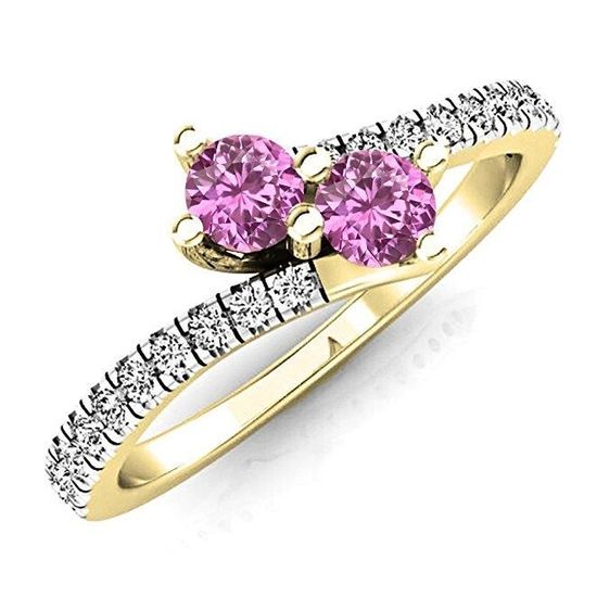 Bague Femme Bague De Fiancaille 14 Ct Or Jaune Rond Saphir Rose