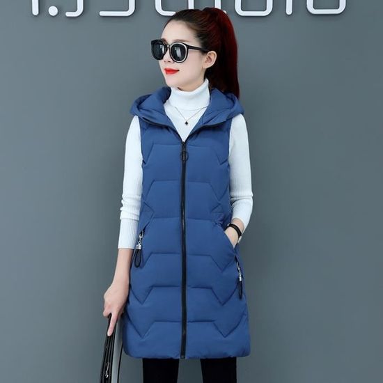 Gilet Femme Sans Manches Hiver Chaud Avec Capuche - Zippé Matelassé Boutons Poches - Manteau Léger Mode