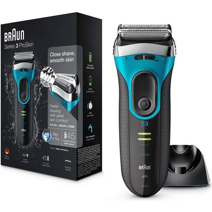 Braun Series 3 ProSkin 3080s Rasoir Électrique Homme Barbe, Noir-Bleu - Rasoir Électrique Rechargeable + Base De Recharge