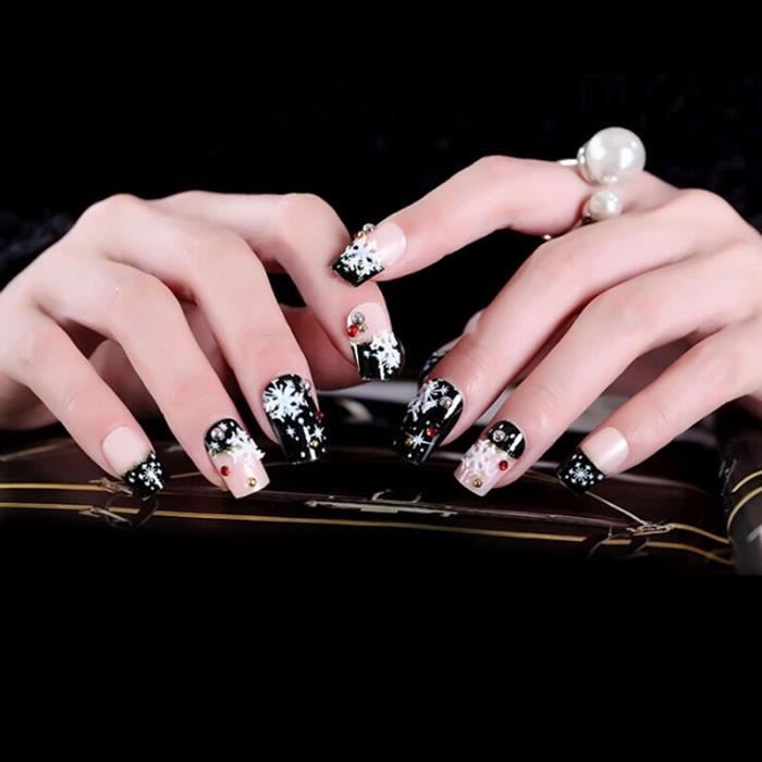 GLO 24 pièces noir blanc rouge Style noël flocon de neige faux ongles flocon de neige faux ongles cadre complet faux ongles