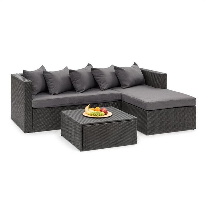 Blumfeldt Theia Lounge Salon de jardin 5 places en résine tressée - canapé, table basse, coussins & housses - gris - poly rotin noir