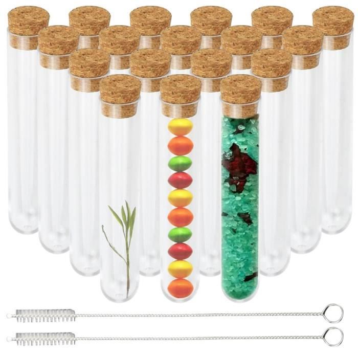 Tubes à Essai en Plastique Transparent Avec Bouchons en Liège Bouteille de Test Perles de Stockage Avec 2Brosses de Nettoyage Pour D