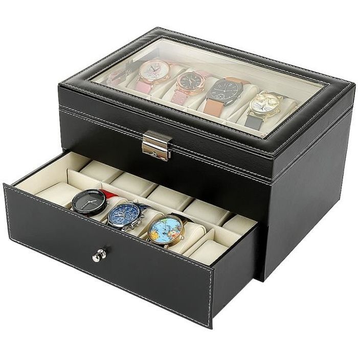 JEOBEST® Coffret à Montres, Boite pour Montres et Bracelets, 20 montres avec vitre et tiroir, Noir/Beige