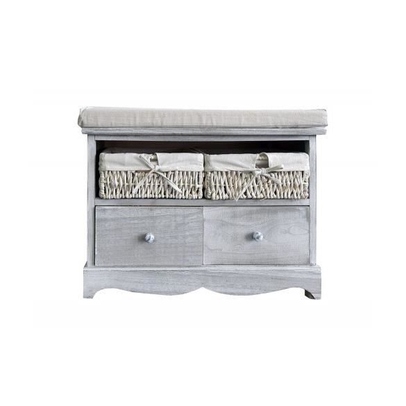 Mobili Rebecca Banquette Gris en Bois 2 Tiroirs 2 Paniers en Osier Shabby 46x60x33