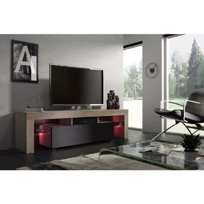 Meuble tv 160 cm chêne MDF et noir mat avec led RGB