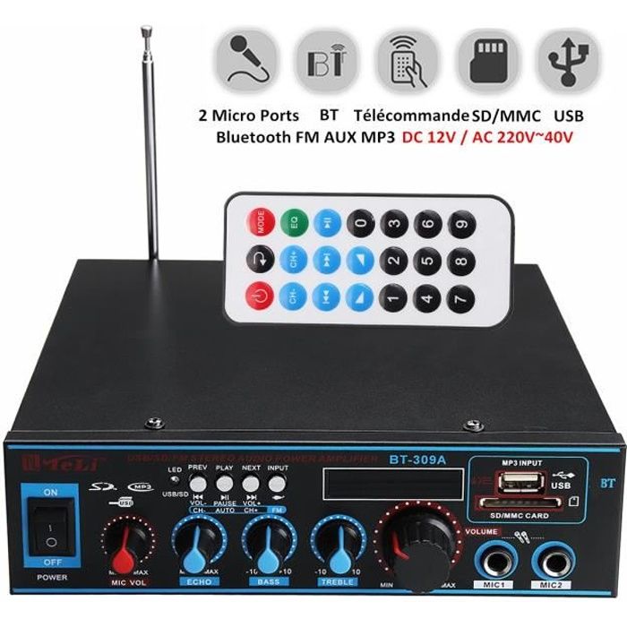 Bluetooth Amplificateur Hi-Fi Stéréo 12V/220V FM USB SD MP3 Audio Lecteur - Ampli Maison Voiture Auto 400W+400W