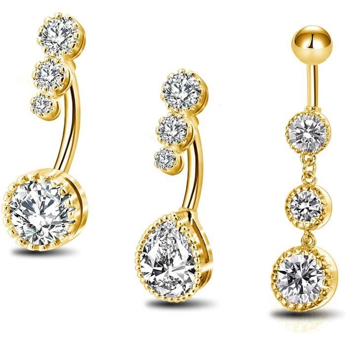 OUFER Or Piercing Nombril en Acier Chirurgical 316L Double Cœur avec CZ Anneau Nombril Piericng Ventre Bijou Corps Barbell Ensemble