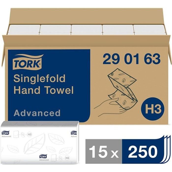 Tork Essuie-mains pliés en V Advanced - 290163 - Papier d'essuyage pour Distributeur H3 - Absorbant et indéchirable, grand, 2 plis,