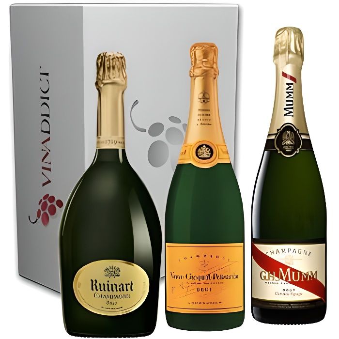 Vinaddict - Coffret Champagne Prestige6-3 Bouteilles 75Cl - R de Ruinart, Veuve Clicquot, Mumm Cordon Rouge.