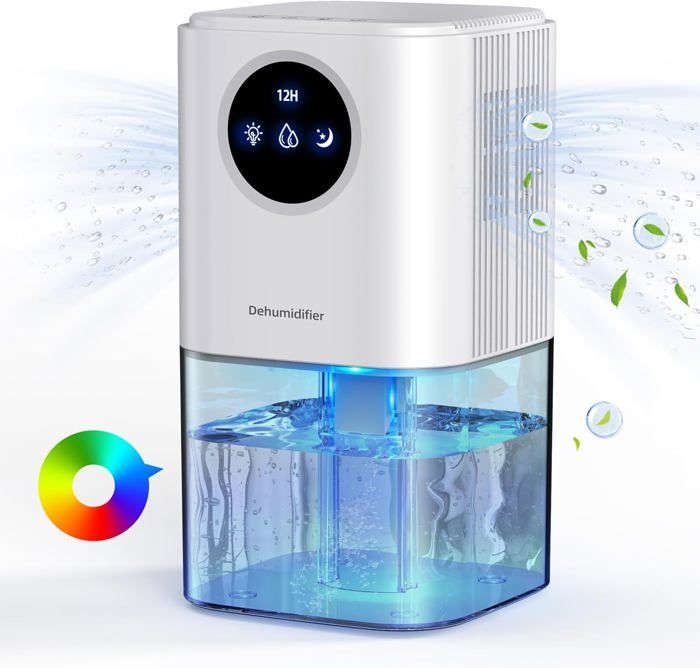 Déshumidificateur D'Air 1700 Ml - Minuterie, LED 7 Couleurs, Silencieux (<44dB) - Pour Chambre, SdB