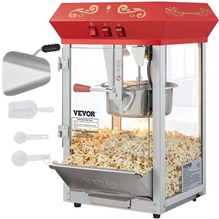 Machine à Pop Corn 850 W-VEVOR-avec Verre Trempé 4 Cuillères Style Cinéma pour Fête Magasin Soirée-Rouge