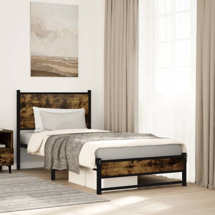SALE 2025Structure/Cadre de lit en métal - Lit 1 personne - chêne fumé - 90x200 cm19.68 Kg 2414