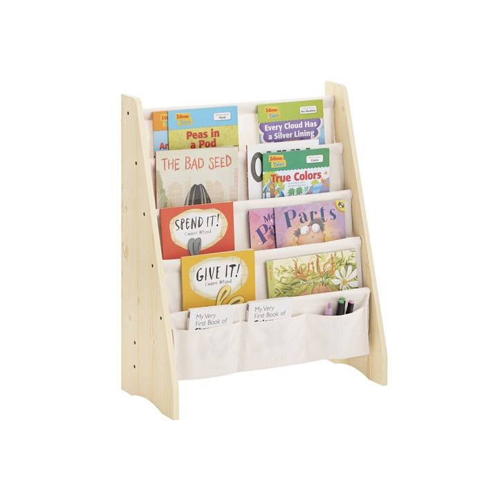 SoBuy Bibliothèque Enfant KMB50-N avec 4 Compartiments Ouverts et 3 Poches pour Chambre d’Enfant Porte-revues  63 x 28 x 76 cm