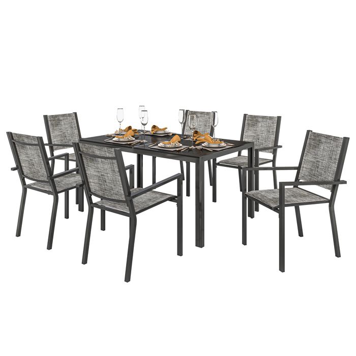 Table de jardin extérieure avec 6 chaises empilables - Outsunny - plateau à lattes 150 cm - structure en acier anti-rouille - noir