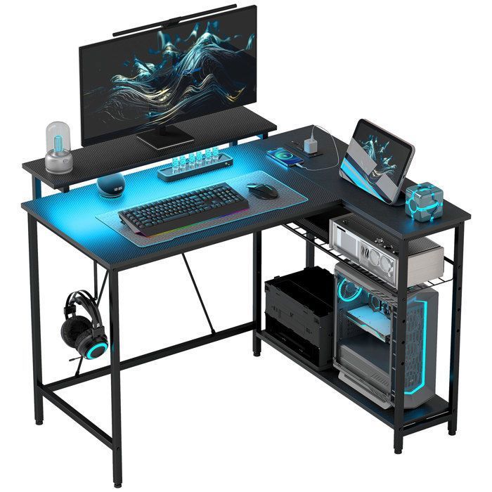 Bureau dangle réversible - HOMCOM - LED 2 prises et 2 ports USB - panneau de particules et acier - 107x80x90cm - noir