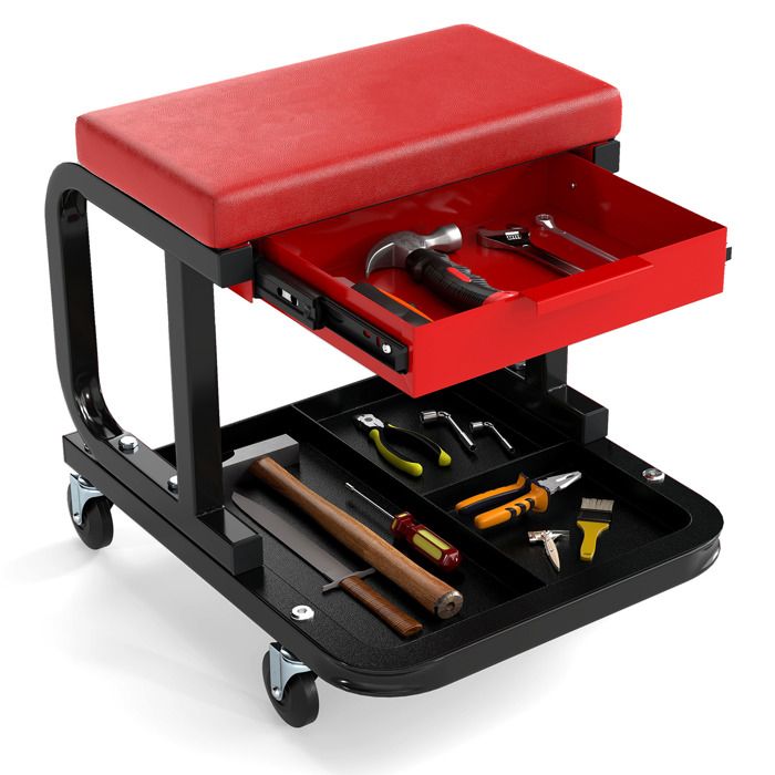 COSTWAY Tabouret dAtelier avec 4 Roulettes Plateau à Outils de Rangement Siège Rembourré Charge 185 KG 44 x 37 x 40 5 cm COSTWAY Tabouret dAtelier avec 4 Roulettes Plateau à Outils de Rangement Siège Rembourré Charge 185 KG 44 x 37 x 40 5 cm