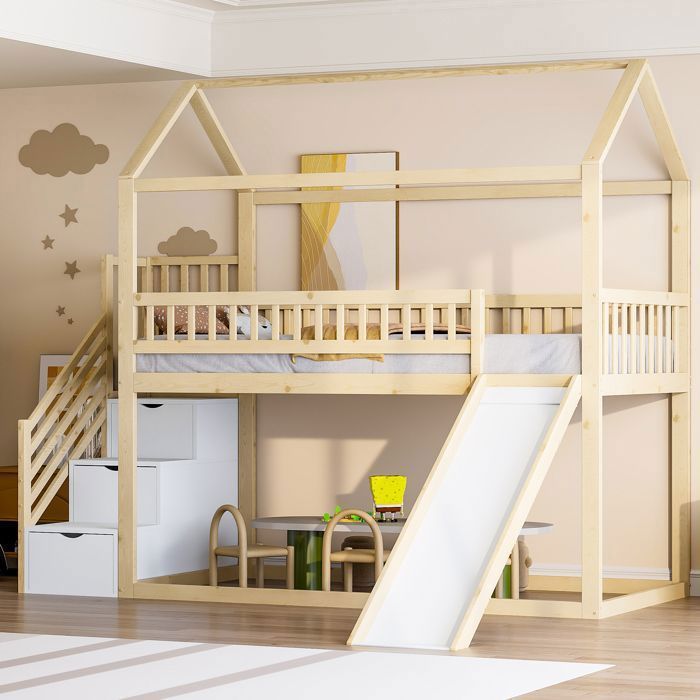 Lit Cabane Mezzanine - MERAX - 90x200 cm - Toboggan - Escalier de rangement - Barrières hautes