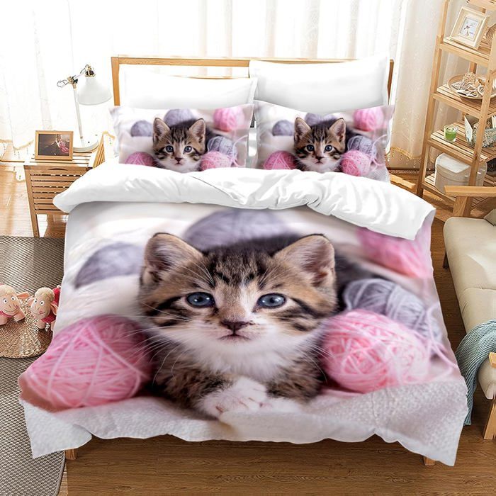 Chat Set de Linge de lit 200x200cm Motif Chat Housse de Couette Microfibre Impression 3D Set de Linge de lit avec Fermeture éclair