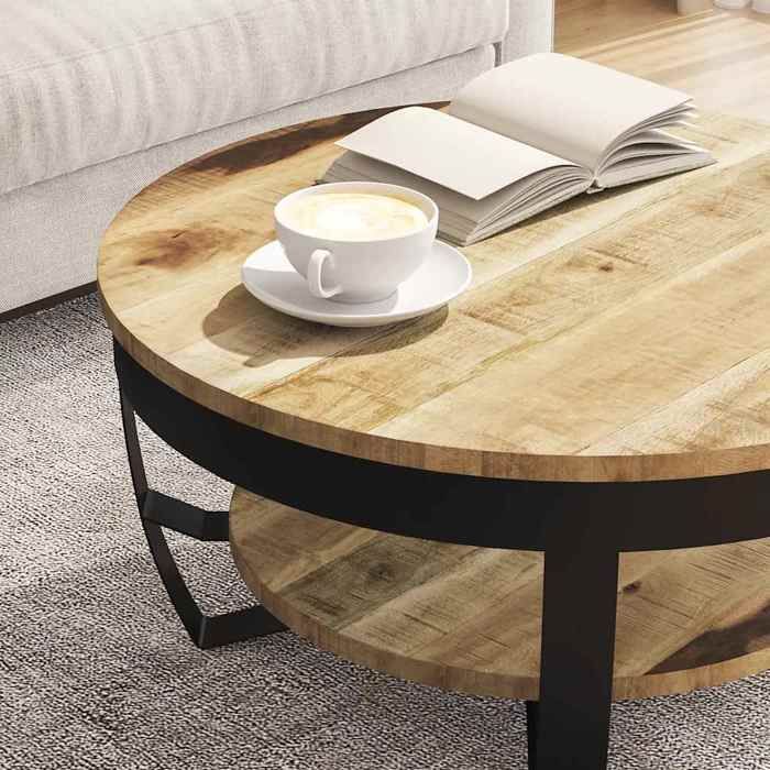 Table basse en bois de manguier - vidaXL - 65x32 cm - Marron - Bois massif - Style industriel - Avec tablette