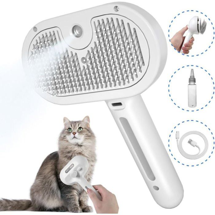 Brosse chat/chien vapeur longs/courts poils réservoir eau intégré (blanc) Label