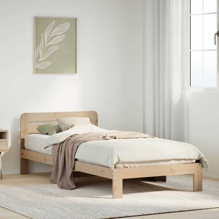 Structure de lit en bois de pin - UU - 90x200 cm - Bois de pin massif - Sommier à lattes - Espace de rangement