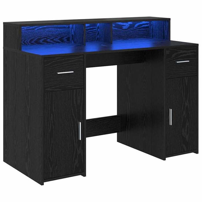 Bureau moderne avec LED - KALISSE - 120x55x91 cm - Chêne noir - Bois dingénierie - Éclairage LED intégré - Avec tiroir
