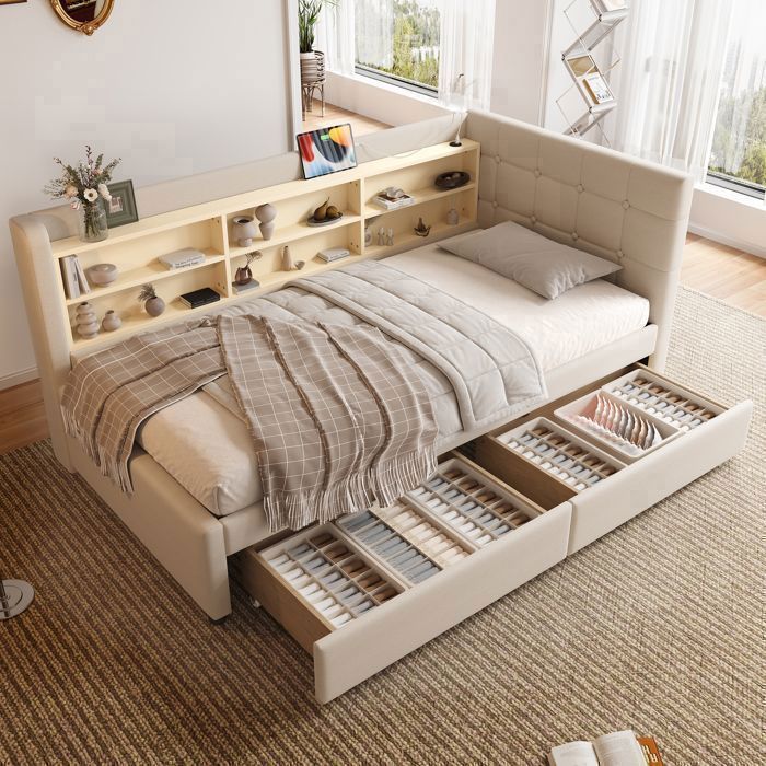 Lit simple rembourré 90*200 cm Lit angle avec rangement et 2 tiroirs Ports USB + Type C Plusieurs étagères Lin Beige