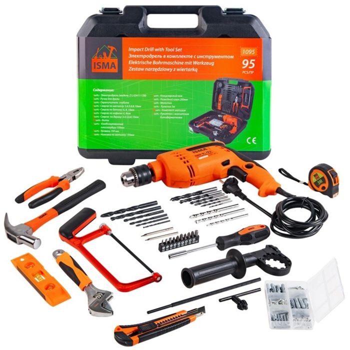 Ensemble perceuse à percussion - Isma - 750W - 95 pièces - Modèle 1095 - Forets métal 3-10 mm - Forets béton 6-10 mm