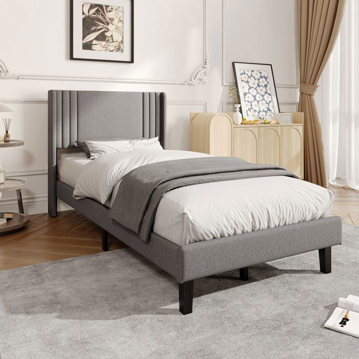 Lit simple 90x200 cm lit 90x200 avec sommier Tête de lit capitonné en lin 15 cm de rangement lit pour enfant et adulte Gris
