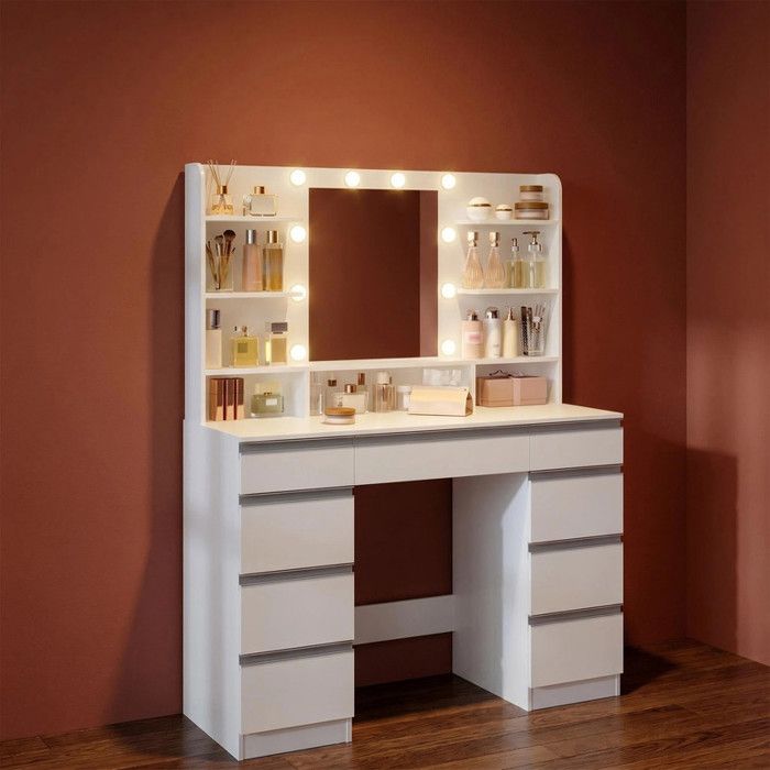Grande Coiffeuse avec 10 lumières LED 3 Couleurs Luminosité Réglable Miroir 9 Tiroirs 9 Étagères Ouvertes Blanc-Argent