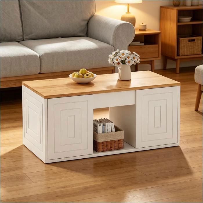 Table basse relevable 95X46 x45 cm avec rangement 2 portes hauteur réglable jusqu’à 59 cm blanc et bois naturel