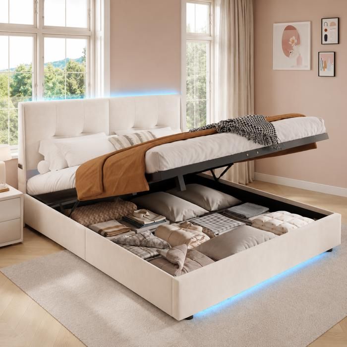 Lit coffre 160x200cm avec LED Lit 2 Personne avec hydraulique rangement Lit adulte capitonne 2 places Velours Beige