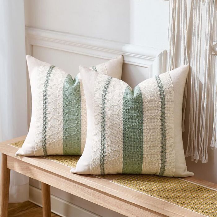 Housse Coussin 40x40 Vert Sauge Boho Texturée Rayée – Lot de 2 pour Salon & Chambre