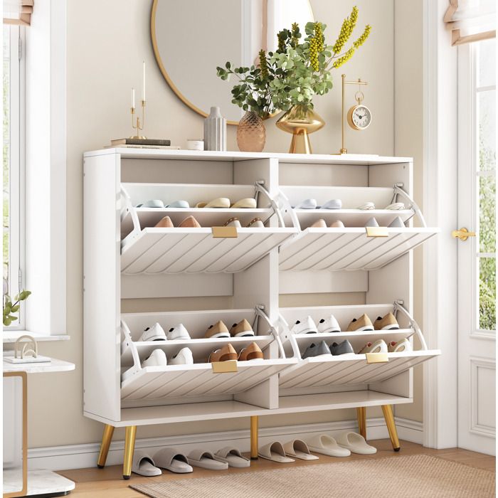 Meuble à chaussures basculant étroit 4 abattants 100 x 24 x 915 cm blanc avec anti-basculement