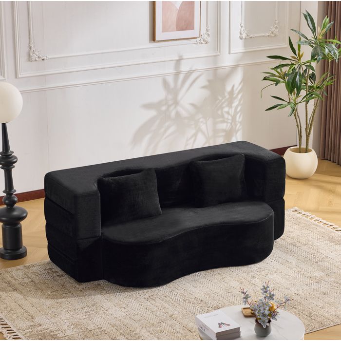 WOVREO canapé-lit 2 places convertible 2 en 1 futon pliable en mousse haute densité tissu peluche courte noir