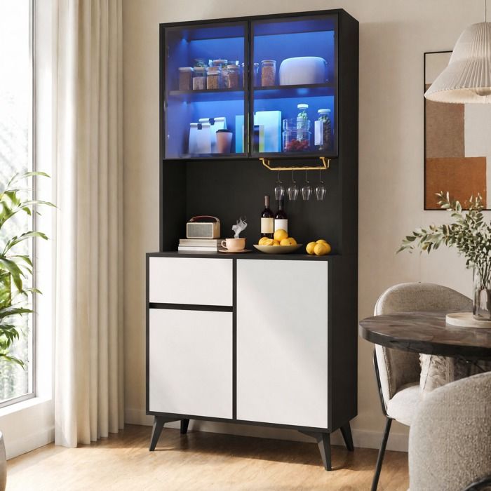 ELVORIN Buffet haut vitrine 80 x 40 x 180 cm noir et blanc 2 portes vitrées LED réglable par application