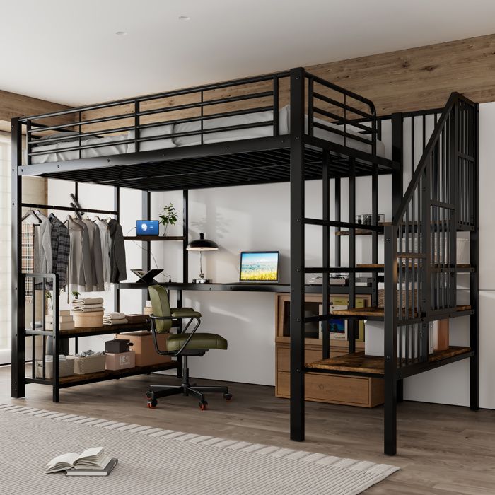 WUVRIE Lit mezzanine 120x200 cm en metal et MDF avec escalier a main courante port de charge penderie