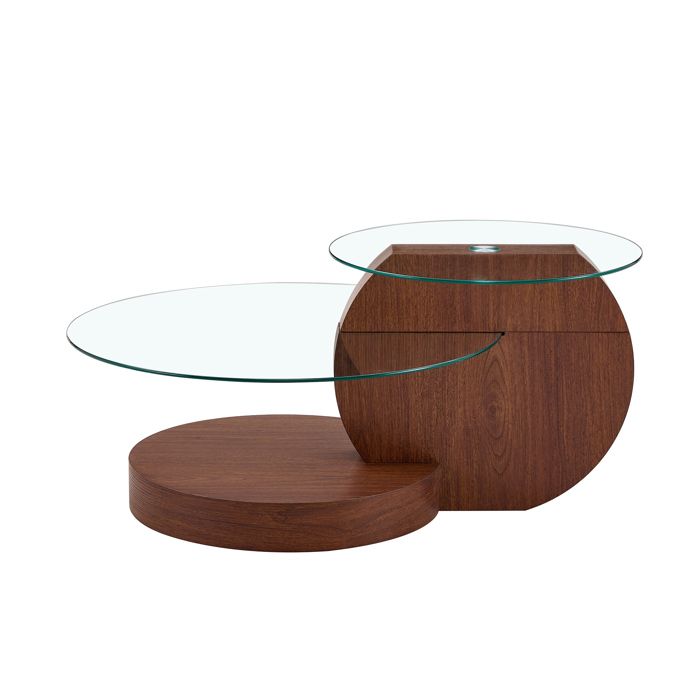 FurnitureR Table basse design 90 x 70 x 44 cm  à double plateau rond en verre pour salon  Bois Noix