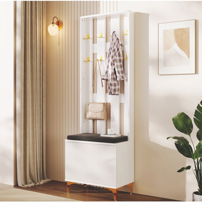 Vestiaire dentrée - SENVIRO - avec banc à chaussures et coussin 60 5 x 35 2 x 180 5 cm portes à structure ondulée blanc