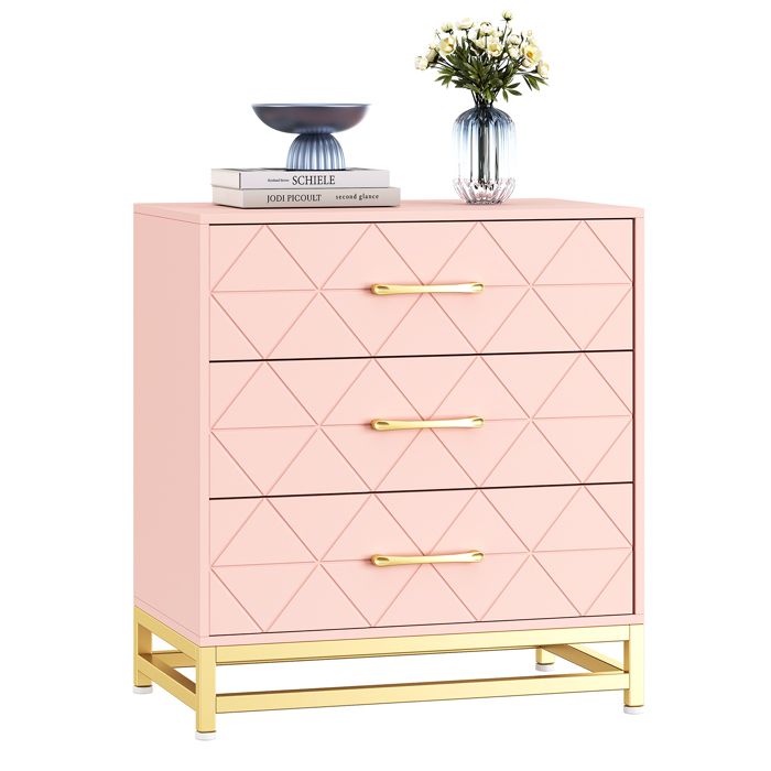 Commode moderne 3 tiroirs bois grande capacité de rangement tiroirs larges et poignées métalliques finition rose pour chambre