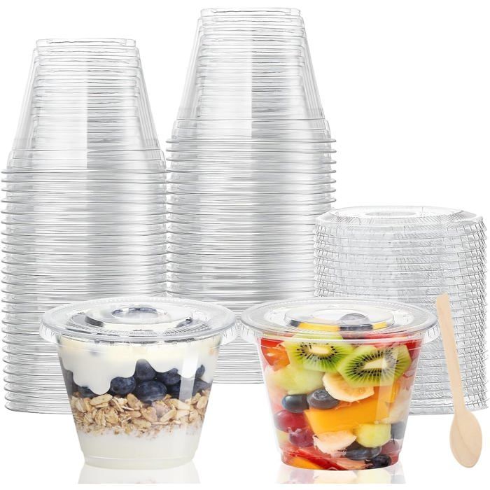Cups à dessert 270 ml avec couvercle et cuillère en bois - lot de 50 pièces rondes transparentes en PET