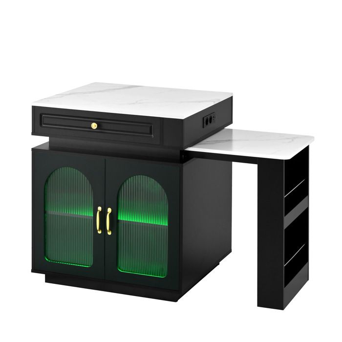 Îlot central extensible avec LED – Noir effet marbre blanc portes vitrées prises USB/Type-C et roulettes