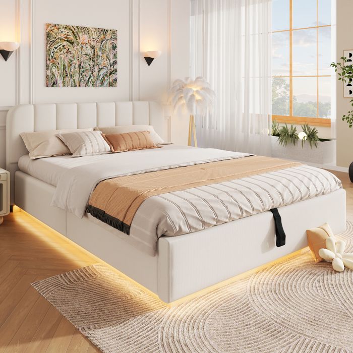 Lit 140x200 CM - avec LED - Lit Coffre avec Rangement et Tete de Lit - 2 Personnes - Beige