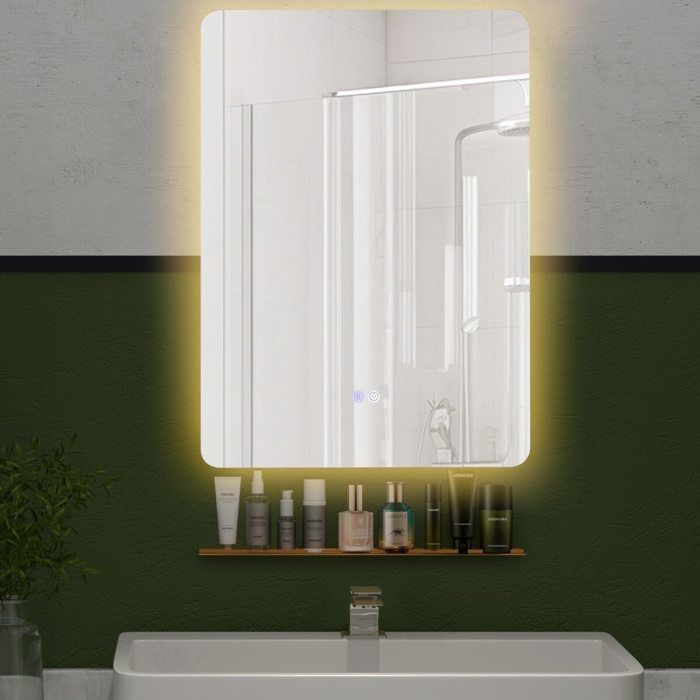 Miroir de salle de bain LED 70x50 cm luminosité réglable 3 couleurs fonction antibuée avec étagère