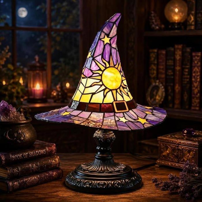 Lampe-de-Table-Chapeau-de-Sorcière Vitrail-Gothique-LED-USB Décoration-Halloween-et-Chambre Projection-Soleil-et-Étoiles